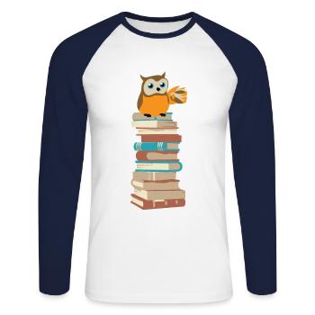 Eule mit Kaffee auf Bücher - Unisex Baseballshirt langarm - Weiß/Navy - Vorne - Nik (191cm)