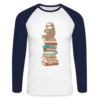 Faultier mit Kaffee auf Bücher - Unisex Baseballshirt langarm - Weiß/Navy - Vorne - Nik (191cm)