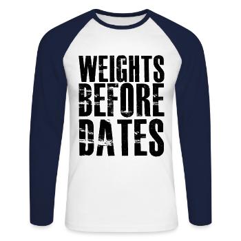 Fitness Weights Before Dates gift - Unisex Long Sleeve Baseball T-Shirt - white/navy - Front - Nik (191cm)