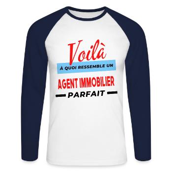 Voilà a quoi ressemble un AGENT IMMOBILIER Humour - T-shirt baseball manches longues Homme - blanc/marine - Devant - Nik (191cm)