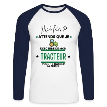 Moi fou humour tracteur phrase drôle agriculteur - T-shirt baseball manches longues Homme - blanc/marine - Devant - Nik (191cm)
