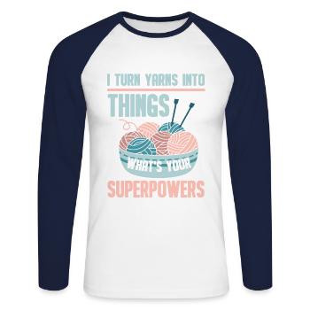 I Turn Yarns Into Things Crocheter Crocheting - Unisex Baseballshirt langarm - Weiß/Navy - Vorne - Nik (191cm)