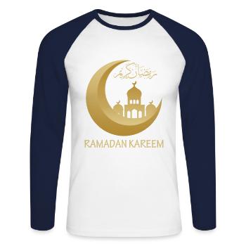 Texte arabe Ramadan Kareem Moubarak Musulman - T-shirt baseball manches longues Homme - blanc/marine - Devant - Nik (191cm)