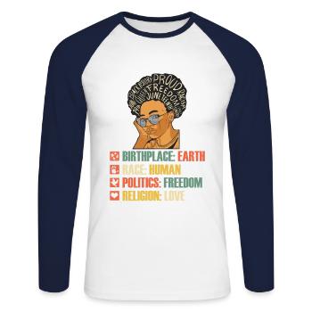 Vintage Juneteenth Femmes Noires American Pride - T-shirt baseball manches longues Homme - blanc/marine - Devant - Nik (191cm)