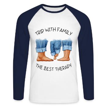 Trip with family, the best therapy - Unisex Baseballshirt langarm - Weiß/Navy - Vorne - Nik (191cm)