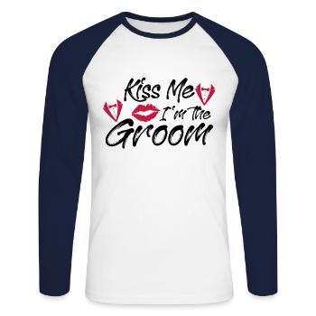 Kiss Me, I Am The Bridegroom - Unisex Long Sleeve Baseball T-Shirt - white/navy - Front - Nik (191cm)