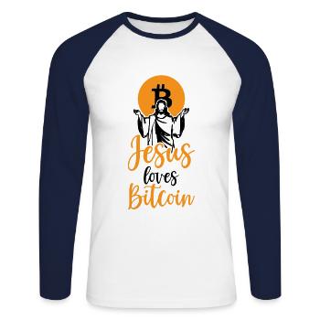Jésus aime Bitcoin Crypto Coin Blockchain Argent - T-shirt baseball manches longues Homme - blanc/marine - Devant - Nik (191cm)