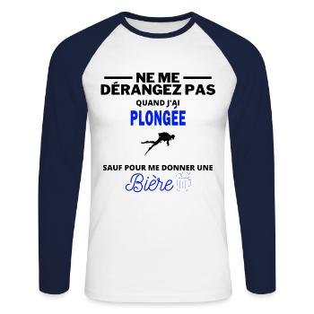 plongée et bière humour alcool - T-shirt baseball manches longues Homme - blanc/marine - Devant - Nik (191cm)