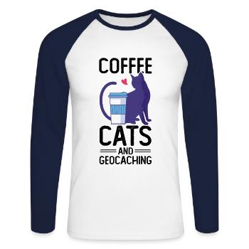 Coffee Cats And Geocaching Cache Hunting Hiking - Unisex Long Sleeve Baseball T-Shirt - white/navy - Front - Nik (191cm)