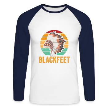 Tribu amérindienne des Pieds-Noirs L’Américain - T-shirt baseball manches longues Homme - blanc/marine - Devant - Nik (191cm)