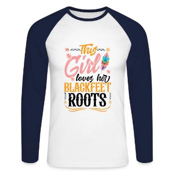 Une fille aime ses racines pieds-noirs - T-shirt baseball manches longues Homme - blanc/marine - Devant - Nik (191cm)