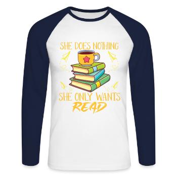Livre-fille-rat-de-livre-lecture-livre-lecteur - T-shirt baseball manches longues Homme - blanc/marine - Devant - Nik (191cm)
