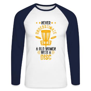 Old Women Disc Golf Vintage Ultimate Frisbee - Unisex Long Sleeve Baseball T-Shirt - white/navy - Front - Nik (191cm)