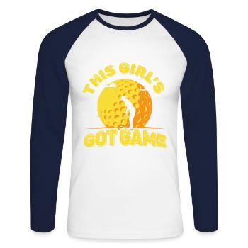 Dieses Mädchen Bekam Spiel-golfspieler-golfspieler - Unisex Baseballshirt langarm - Weiß/Navy - Vorne - Nik (191cm)