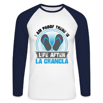 Life after La Chancla, Spanish, Mexican, - Unisex Long Sleeve Baseball T-Shirt - white/navy - Front - Nik (191cm)