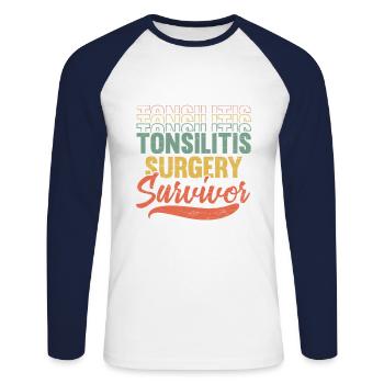Amygdalite survivante Amygdalectomie - T-shirt baseball manches longues Homme - blanc/marine - Devant - Nik (191cm)