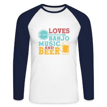 Banjo-musik-biersaiten-gitarren-bluegrass-weinlese - Unisex Baseballshirt langarm - Weiß/Navy - Vorne - Nik (191cm)