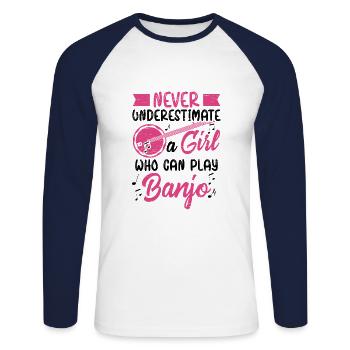 Mädchen, Das Banjo-musiker-gitarren-bluegrass - Unisex Baseballshirt langarm - Weiß/Navy - Vorne - Nik (191cm)