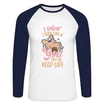 Barrel Racing Rodeo Reitpferd Barrel Racer - Unisex Baseballshirt langarm - Weiß/Navy - Vorne - Nik (191cm)