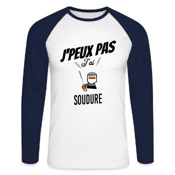 J'peux pas j'ai soudure - T-shirt baseball manches longues Homme - blanc/marine - Devant - Nik (191cm)