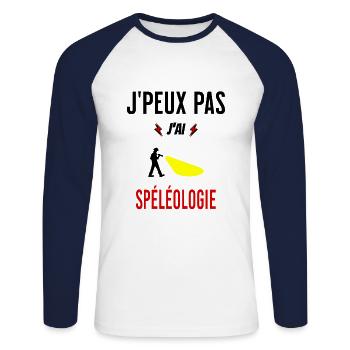 J'peux pas j'ai spéléologie phrase humoristique - T-shirt baseball manches longues Homme - blanc/marine - Devant - Nik (191cm)