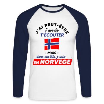 Voyage en Norvège - T-shirt baseball manches longues Homme - blanc/marine - Devant - Nik (191cm)