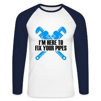 A Pipefitter Pipefitter Pipefitting - Unisex Long Sleeve Baseball T-Shirt - white/navy - Front - Nik (191cm)