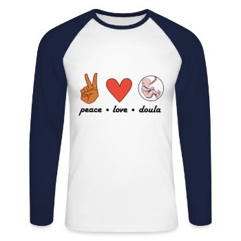Peace Love Doula Sage-femme - T-shirt baseball manches longues Homme - blanc/marine - Devant - Nik (191cm)