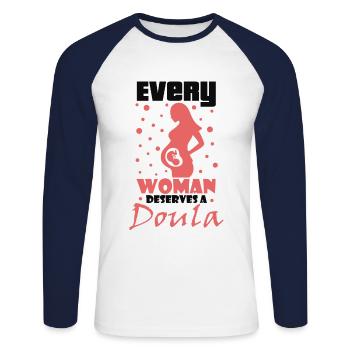 Woman deserves a doula midwife - Unisex Long Sleeve Baseball T-Shirt - white/navy - Front - Nik (191cm)
