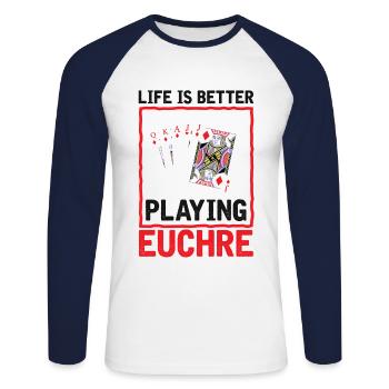 La vie mieux jouer Euchre - Carte de joueur Euchre - T-shirt baseball manches longues Homme - blanc/marine - Devant - Nik (191cm)