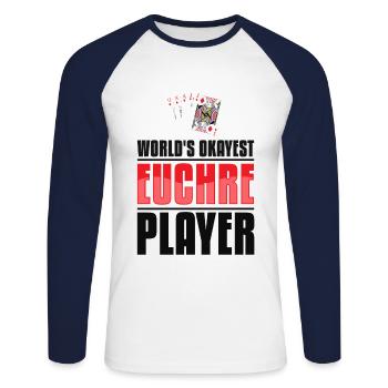 Okayest Euchre Player - Jeu de cartes Euchre Player - T-shirt baseball manches longues Homme - blanc/marine - Devant - Nik (191cm)