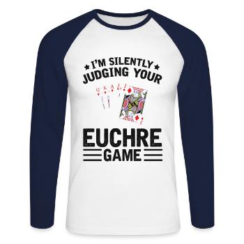 Jugez votre jeu Euchre - - T-shirt baseball manches longues Homme - blanc/marine - Devant - Nik (191cm)