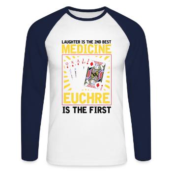 Médecine Euchre - Euchre Player Card Game Euchre - T-shirt baseball manches longues Homme - blanc/marine - Devant - Nik (191cm)