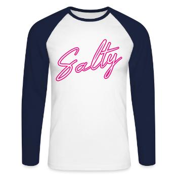 Salty Salzig Schriftzug für Frauen und Männer - Unisex Baseballshirt langarm - Weiß/Navy - Vorne - Nik (191cm)