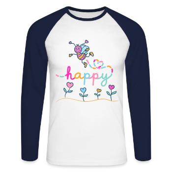 Be happy - Fröhliche Biene mit Herzblumen - Unisex Baseballshirt langarm - Weiß/Navy - Vorne - Nik (191cm)
