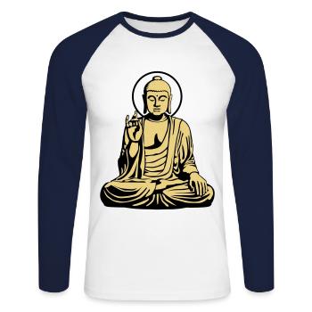 Young Buddha No.1_2c - Unisex Long Sleeve Baseball T-Shirt - white/navy - Front - Nik (191cm)