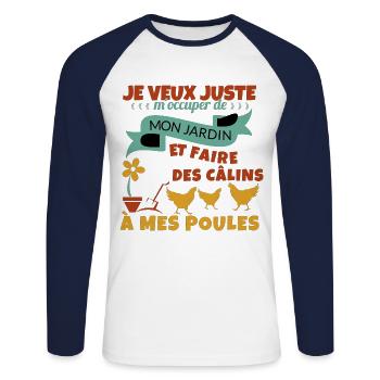 Mon Jardin et mes poules Cadeau - T-shirt baseball manches longues Homme - blanc/marine - Devant - Nik (191cm)