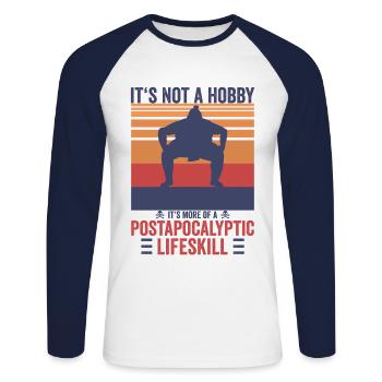 Vintage Sumoringer Postapocalyptic Lifeskill Shirt - Unisex Baseballshirt langarm - Weiß/Navy - Vorne - Nik (191cm)