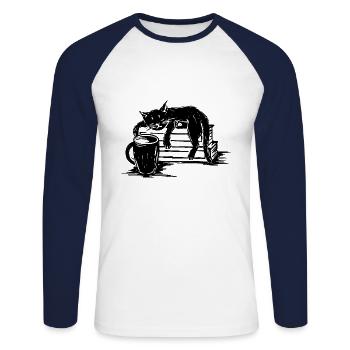 Chat fatigué, avec café et dessin de livre, drôle - T-shirt baseball manches longues Homme - blanc/marine - Devant - Nik (191cm)