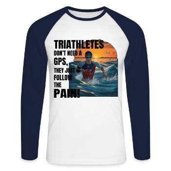 Schwimmen, Radfahren, Laufen, Triathlon, Triathlet, Leichtathletik - Unisex Baseballshirt langarm - Weiß/Navy - Vorne - Nik (191cm)