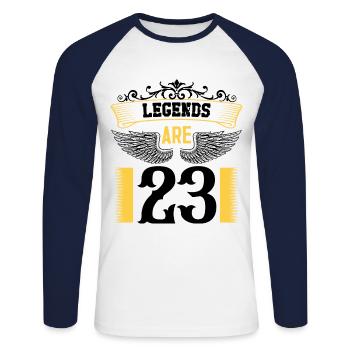 Les légendes ont 23 ans, 23 ans d’anniversaire - T-shirt baseball manches longues Homme - blanc/marine - Devant - Nik (191cm)