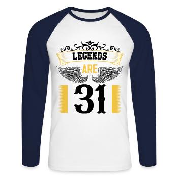 Les légendes ont 31 ans, 31 ans d’anniversaire - T-shirt baseball manches longues Homme - blanc/marine - Devant - Nik (191cm)