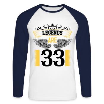 Les légendes ont 33 ans, 33 ans d’anniversaire - T-shirt baseball manches longues Homme - blanc/marine - Devant - Nik (191cm)