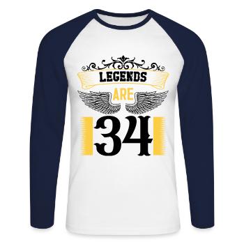 Les légendes ont 34 ans, 34 ans d’anniversaire - T-shirt baseball manches longues Homme - blanc/marine - Devant - Nik (191cm)