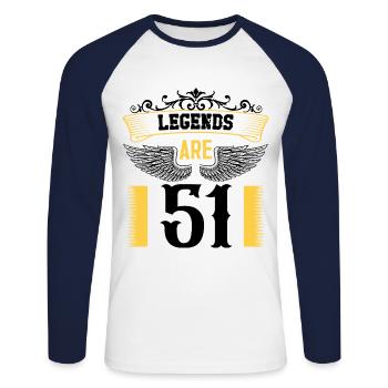 Les légendes ont 51 ans, 51 ans d’anniversaire - T-shirt baseball manches longues Homme - blanc/marine - Devant - Nik (191cm)