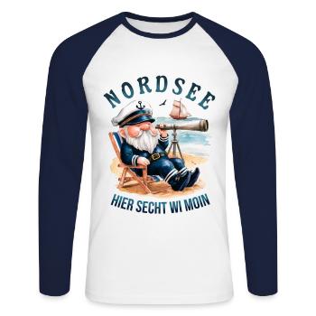 Ici, nous disons MOIN - Mer du Nord - T-shirt baseball manches longues Homme - blanc/marine - Devant - Nik (191cm)