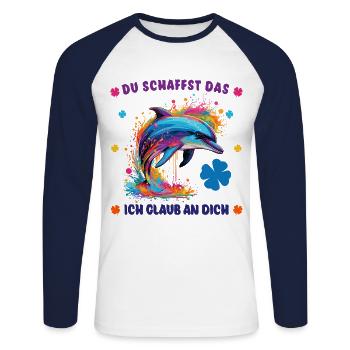 Du schaffst das! - Glücksbringer - Delphin Delfin - Unisex Baseballshirt langarm - Weiß/Navy - Vorne - Nik (191cm)