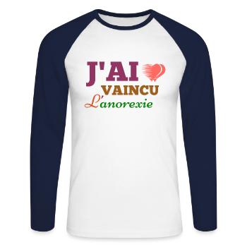 Anorexie Shirt • J´ai vaincu l´anorexie • Cadeau - T-shirt baseball manches longues Homme - blanc/marine - Devant - Nik (191cm)