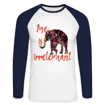 Age is irrelephant – birthday funny pun - Unisex Long Sleeve Baseball T-Shirt - white/navy - Front - Nik (191cm)