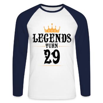29 Anniversaire, les légendes ont 29 ans - T-shirt baseball manches longues Homme - blanc/marine - Devant - Nik (191cm)